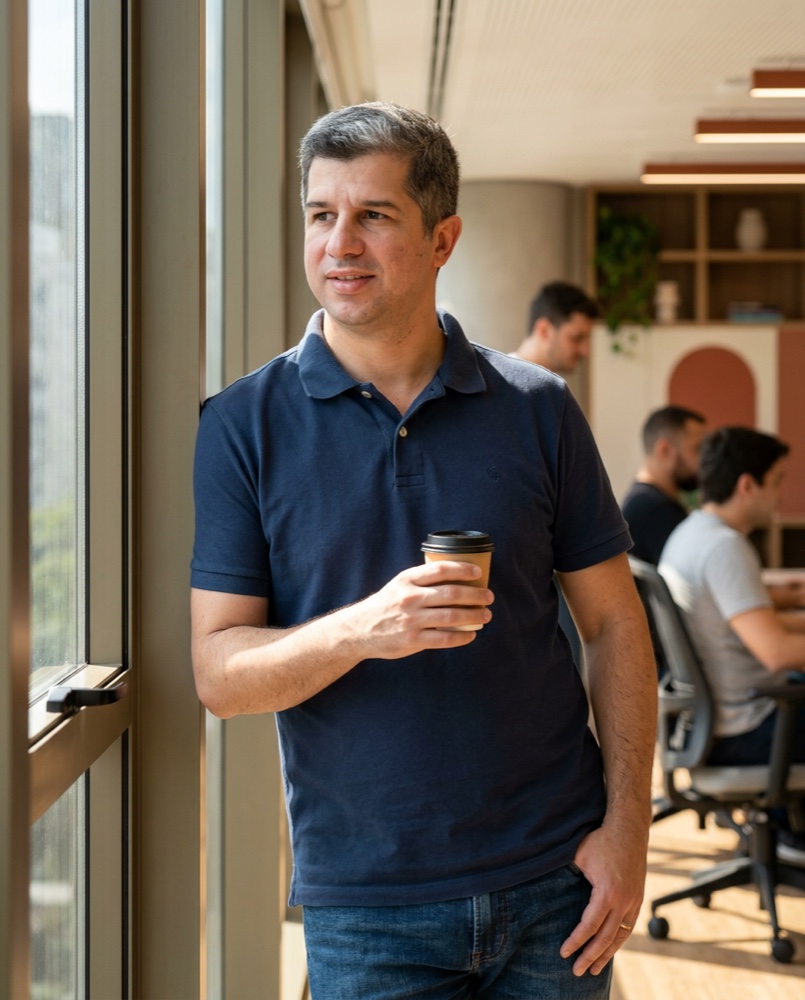 Eduardo Albano, fundador da AB Card, em escritório com luz natural