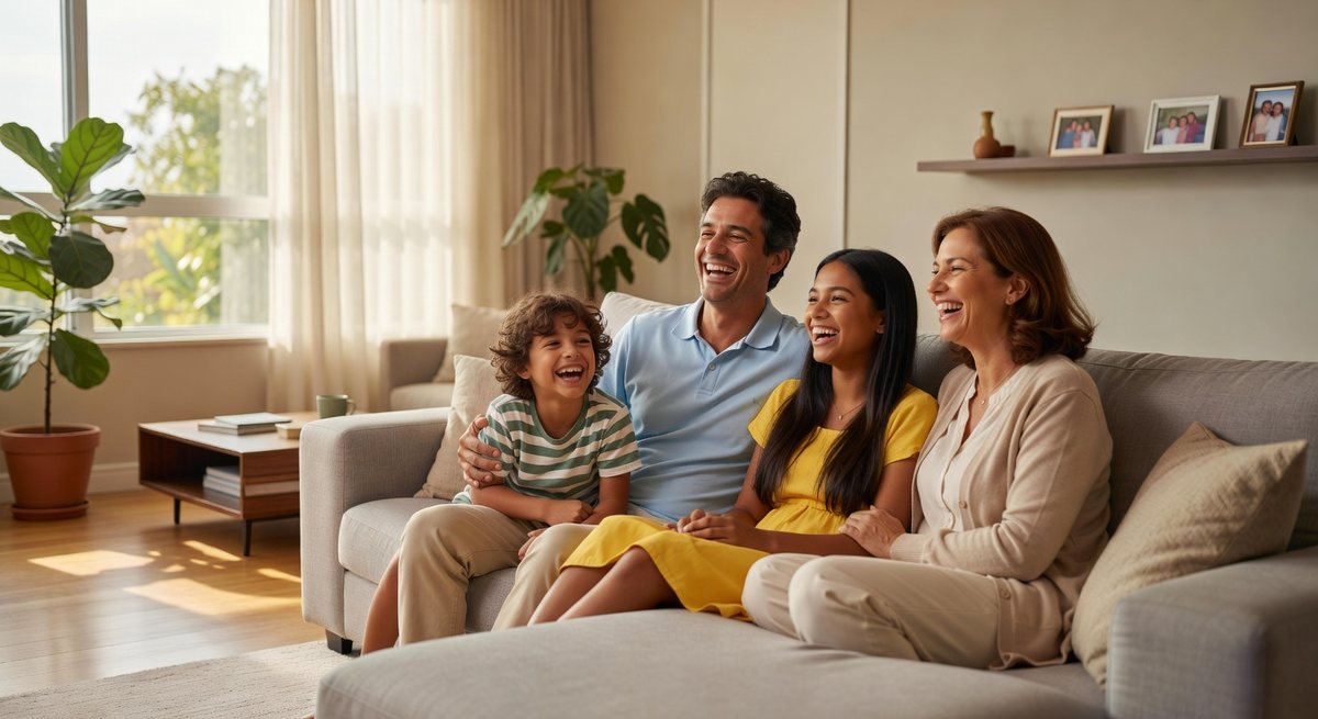 Família brasileira rindo junta no sofá em casa
